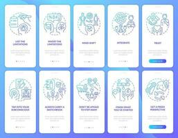 Remove barriers blue gradient onboarding mobile app screen set. Creative block walkthrough 5 steps graphic instructions with linear concepts. UI, UX, GUI template vector