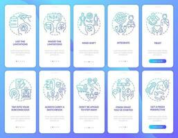 Remove barriers blue gradient onboarding mobile app screen set. Creative block walkthrough 5 steps graphic instructions with linear concepts. UI, UX, GUI template vector