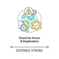 Check for errors and duplication concept icon. Verify content. CMS migration abstract idea thin line illustration. Isolated outline drawing. Editable stroke vector