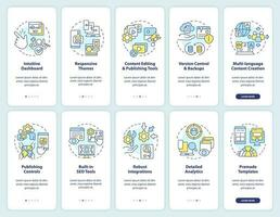 Content management system onboarding mobile app screen set. Walkthrough 5 steps editable graphic instructions with linear concepts. UI, UX, GUI template vector