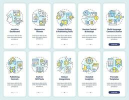 Content management system onboarding mobile app screen set. Walkthrough 5 steps editable graphic instructions with linear concepts. UI, UX, GUI template vector