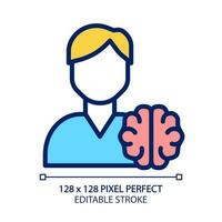 Neurology pixel perfect RGB color icon. Diagnostics and treatment of brain disorders. Neural system. Spinal cord. Isolated vector illustration. Simple filled line drawing. Editable stroke