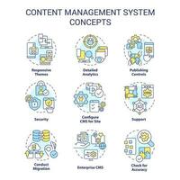 Content management system concept icons set. CMS aspects. Site platform. Data migration idea thin line color illustrations. Isolated symbols. Editable stroke vector