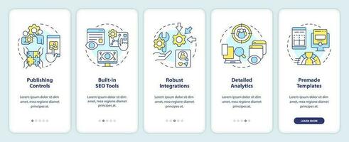 Content management system aspects onboarding mobile app screen. Walkthrough 5 steps editable graphic instructions with linear concepts. UI, UX, GUI template vector