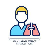 Pulmonology pixel perfect RGB color icon. Lungs diseases treatment and prevention. Pulmonologist. Medical clinic service. Isolated vector illustration. Simple filled line drawing. Editable stroke