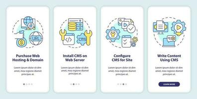 edificio sitio web con cms inducción móvil aplicación pantalla. plataforma recorrido 4 4 pasos editable gráfico instrucciones con lineal conceptos. ui, ux, gui modelo vector