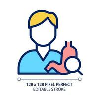 Gastroenterology pixel perfect RGB color icon. Gastrointestinal system disorders. Diagnostics and treatment. Healthcare. Isolated vector illustration. Simple filled line drawing. Editable stroke