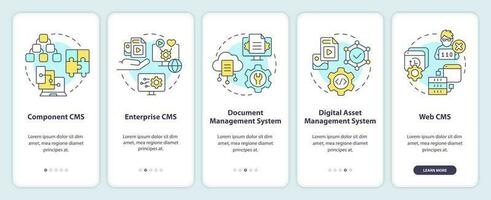 Content management systems types onboarding mobile app screen. Walkthrough 5 steps editable graphic instructions with linear concepts. UI, UX, GUI template vector