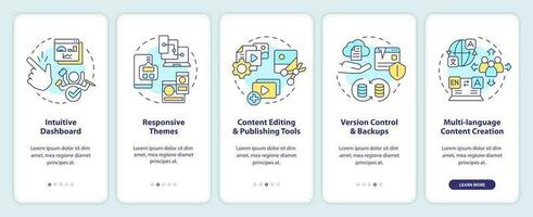 Key CMS features onboarding mobile app screen. Content management walkthrough 5 steps editable graphic instructions with linear concepts. UI, UX, GUI template vector