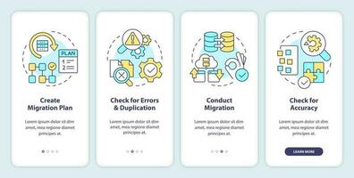 Perform CMS data migration onboarding mobile app screen. Platform walkthrough 4 steps editable graphic instructions with linear concepts. UI, UX, GUI template vector