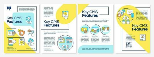 Key CMS features blue and yellow brochure template. Optimize website. Leaflet design with linear icons. Editable 4 vector layouts for presentation, annual reports