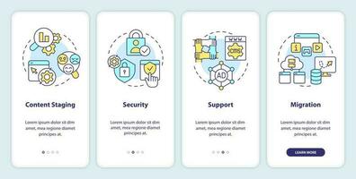 CMS functionality onboarding mobile app screen. Platform requirements walkthrough 4 steps editable graphic instructions with linear concepts. UI, UX, GUI template vector