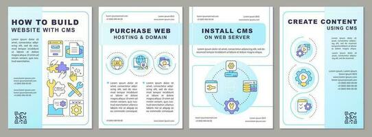 Building website with CMS blue brochure template. Digital tools.. Leaflet design with linear icons. Editable 4 vector layouts for presentation, annual reports