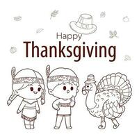 Thanksgiving hand drawn doodle with American Indian children, Turkey, Pilgrim Hat, Autumn leafs cartoon character vector