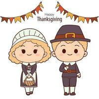 Thanksgiving hand drawn with Thanksgiving pilgrims costume cartoon character and pennant flag banner vector