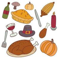 conjunto de acción de gracias cena mano dibujar elementos, asado pavo, calabaza, maíz, peregrino sombrero, vino, tenedor y cuchara. vector ilustración