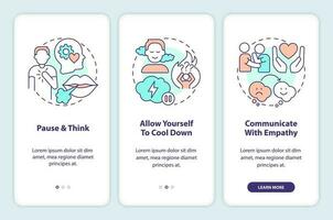 Resolve conflicts with teen onboarding mobile app screen. Family walkthrough 3 steps editable graphic instructions with linear concepts. UI, UX, GUI template vector