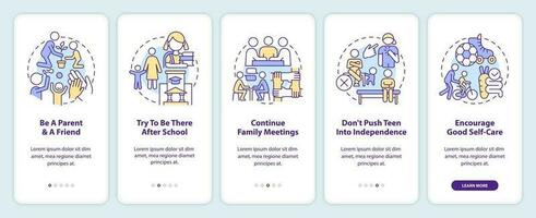 Peaceful teen parenting tips onboarding mobile app screen. Family walkthrough 5 steps editable graphic instructions with linear concepts. UI, UX, GUI template vector