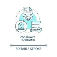 Coordinate paperwork turquoise concept icon. Real estate contract. Documents control abstract idea thin line illustration. Isolated outline drawing. Editable stroke vector