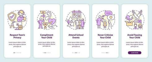 Promoting self esteem in teens onboarding mobile app screen. Support walkthrough 5 steps editable graphic instructions with linear concepts. UI, UX, GUI template vector