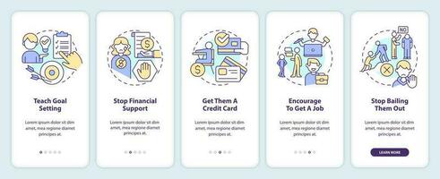 enseñando adolescente responsabilidad inducción móvil aplicación pantalla. recorrido 5 5 pasos editable gráfico instrucciones con lineal conceptos. ui, ux, gui modelo vector