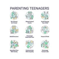 Parenting teenagers concept icons set. Taking care of adolescent children idea thin line color illustrations. Isolated symbols. Editable stroke vector