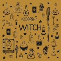 Witchcraft, magic background for witches and wizards. Hand drawn magic tools, concept of witchcraft. vector