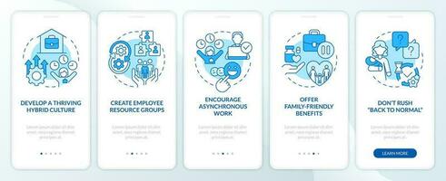 Family-friendly employer blue onboarding mobile app screen. Walkthrough 5 steps editable graphic instructions with linear concepts. UI, UX, GUI template vector