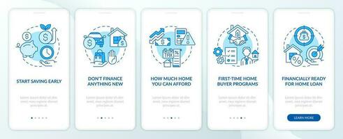 Buying house tips blue onboarding mobile app screen. Home purchase walkthrough 5 steps editable graphic instructions with linear concepts. UI, UX, GUI template vector