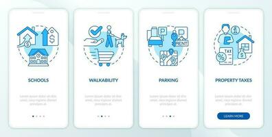 Best neighborhoods blue onboarding mobile app screen. Real estate walkthrough 4 steps editable graphic instructions with linear concepts. UI, UX, GUI template vector