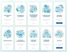 Buying house blue onboarding mobile app screen set. Property purchase walkthrough 5 steps editable graphic instructions with linear concepts. UI, UX, GUI template vector