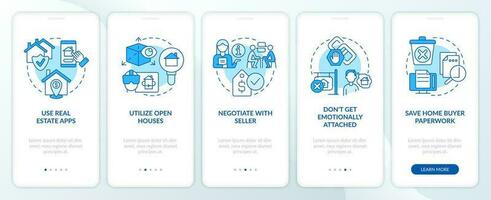 Purchase house blue onboarding mobile app screen. Homebuyer tips walkthrough 5 steps editable graphic instructions with linear concepts. UI, UX, GUI template vector