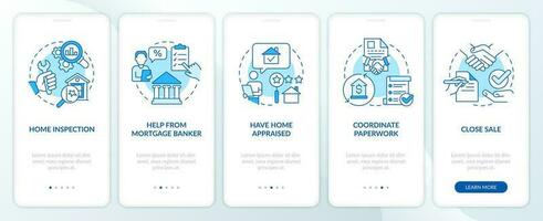 First time homebuying blue onboarding mobile app screen. Buy house walkthrough 5 steps editable graphic instructions with linear concepts. UI, UX, GUI template vector