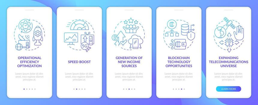 IoT in telecommunication profits blue gradient onboarding mobile app screen. Walkthrough 5 steps graphic instructions with linear concepts. UI, UX, GUI template vector
