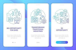 IoT business transformation blue gradient onboarding mobile app screen. Walkthrough 3 steps graphic instructions with linear concepts. UI, UX, GUI template vector