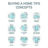 Homebuyer tips turquoise concept icons set. Property purchase recommendations idea thin line color illustrations. Isolated symbols. Editable stroke vector