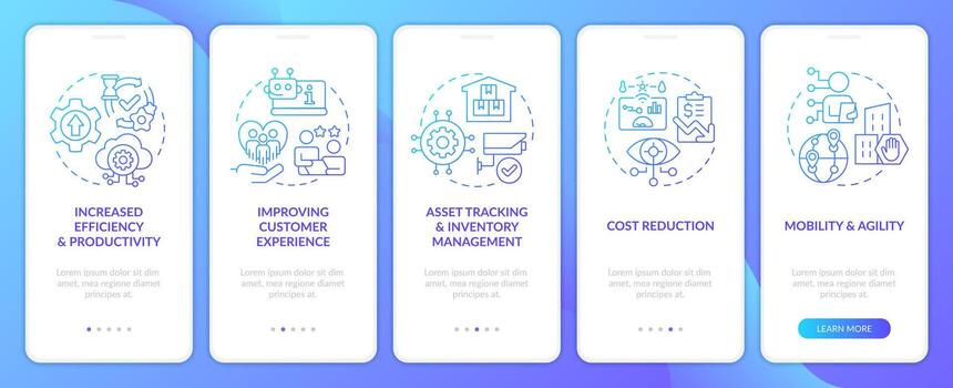 IoT business preferences blue gradient onboarding mobile app screen. Walkthrough 5 steps graphic instructions with linear concepts. UI, UX, GUI template vector
