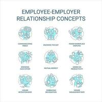 Employee employer relationship turquoise concept icons set. Relations in workplace idea thin line color illustrations. Isolated symbols. Editable stroke vector