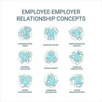 Employee employer relationship turquoise concept icons set. Relations in workplace idea thin line color illustrations. Isolated symbols. Editable stroke vector