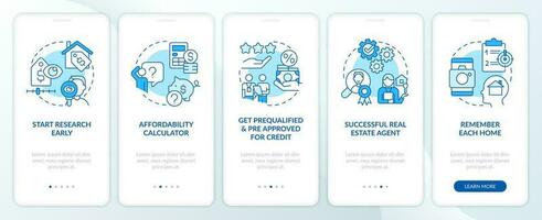 Homebuying steps blue onboarding mobile app screen. Buy new property walkthrough 5 steps editable graphic instructions with linear concepts. UI, UX, GUI template vector