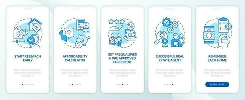 Homebuying steps blue onboarding mobile app screen. Buy new property walkthrough 5 steps editable graphic instructions with linear concepts. UI, UX, GUI template vector