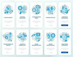 Employee employer relationship blue onboarding mobile app screen set. Walkthrough 5 steps editable graphic instructions with linear concepts. UI, UX, GUI template vector