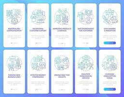 Involve IoT in business blue gradient onboarding mobile app screen set. Walkthrough 5 steps graphic instructions with linear concepts. UI, UX, GUI template vector