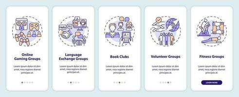 Micro communities examples onboarding mobile app screen. Small group walkthrough 5 steps editable graphic instructions with linear concepts. UI, UX, GUI template vector