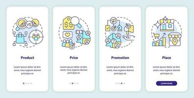 Four P marketing mix onboarding mobile app screen. Walkthrough 4 steps editable graphic instructions with linear concepts. UI, UX, GUI template vector