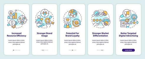 Benefits of market segmentation onboarding mobile app screen. Walkthrough 5 steps editable graphic instructions with linear concepts. UI, UX, GUI template vector