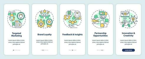 Micro community benefits for business onboarding mobile app screen. Walkthrough 5 steps editable graphic instructions with linear concepts. UI, UX, GUI template vector