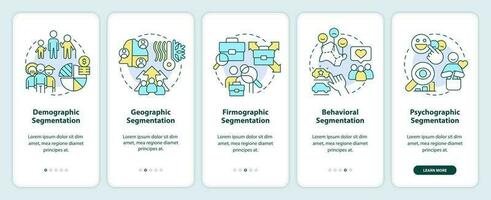 Type of market segmentation onboarding mobile app screen. Walkthrough 5 steps editable graphic instructions with linear concepts. UI, UX, GUI template vector