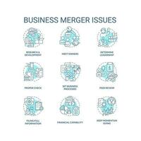 Business merger issues turquoise concept icons set. Corporate acquisition idea thin line color illustrations. Arrangement. Isolated symbols. Editable stroke vector