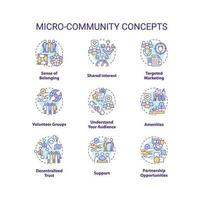 Micro community concept icons set. Small group. Social cohesion. Mutual aid. Common goal. Collaborative project. Build community idea thin line color illustrations. Isolated symbols. Editable stroke vector